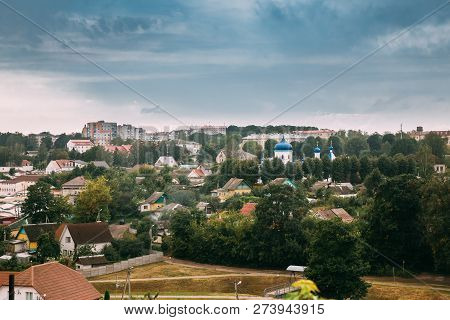 Mahiliou, Belarus. Mogilev Summer Cityscape With Famous Landmarks - Church Of Saints Boris And Gleb,