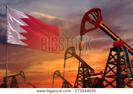 Bahrain Oil Industry Concept, Industrial Illustration. Bahrain Flag And Oil Wells And The Red And Bl