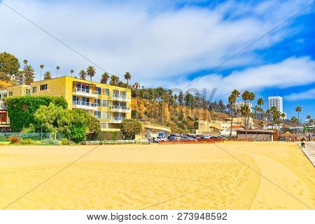 View Of The Beach Of Santa Monica And The Pacific Ocean. Suburbs Of Los Angeles.