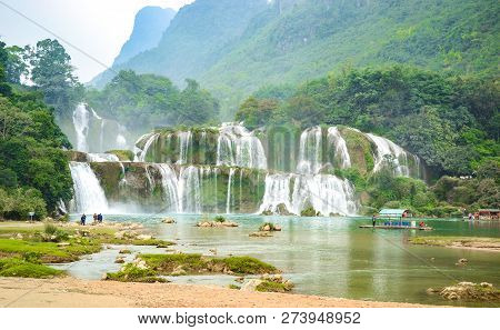 Ban Gioc Waterfall Or Detian Falls, Vietnam's Best-known Waterfall Located In Cao Bang Border With C