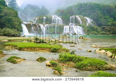 Ban Gioc Waterfall Or Detian Falls, Vietnam's Best-known Waterfall Located In Cao Bang Border With C