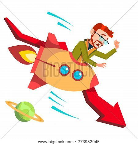 Businessman Riding A Rocket Falls Down On Background Of Falling Red Arrow Vector. Illustration