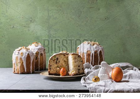 Set Of Traditional Russian And Ukrainian Easter Cake Kulich Paska Bread Glazed With Almond, Whole An