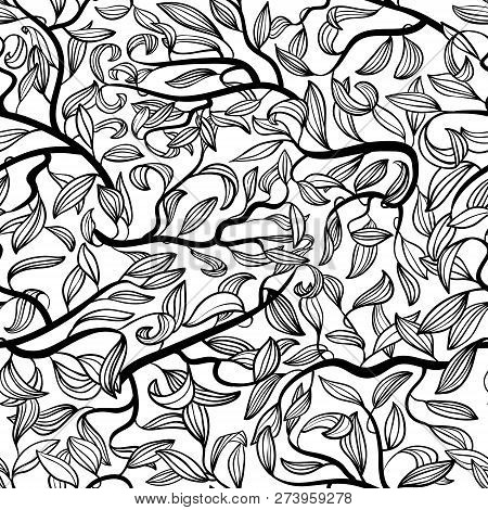 Floral Decorative Seamless Pattern With Leaves. Background With Tree Branches With Doodle Leaf. Vect