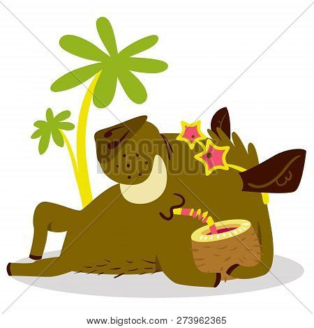 Cute Boars Or Warthog Character On Relax In Tropicat Paradise. Vector Illustration With Wild Pig Wit