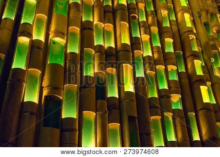 Fukuoka, Japan - October 20, 2018: Illuminated colorful  lanterns made from bamboo for the Hakata Tomyo Watching festival at night
