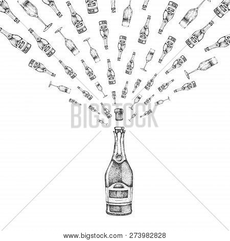 Vector Illustration Of Hand Drawing Champagne Bottle With Splash