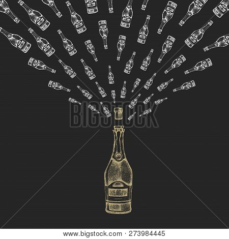 Vector Illustration Of Hand Drawing Champagne Bottle With Splash