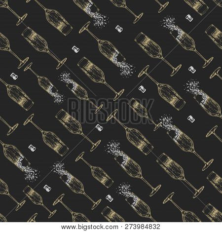 Seamless Pattern With Hand Drawing Champagne Glass And Cork