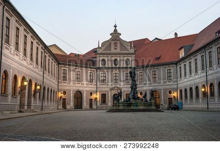 Munich, Germany - October 19, 2018: Octagonal Yard Called Fountain Courtyard -brunnenhof- Is One Of 
