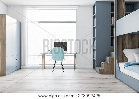 Interior Of Modern Bedroom With White Walls, Wooden Floor, Gray And Wooden Bunk Bed, A Gray Bookcase