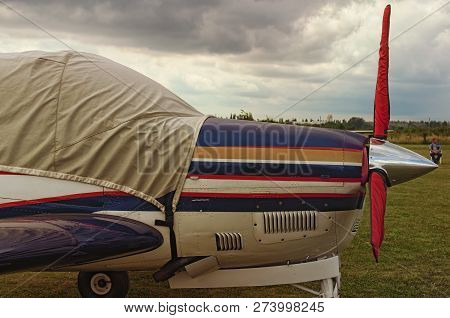 Side View Of One Engine Airplane On A Cloudy Day. A Small Private Airfield In Zhytomyr, Ukraine.
