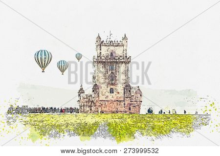 Illustration. Torre De Belem Or The Belem Tower Is One Of The Attractions Of Lisbon. The Fortress Wa