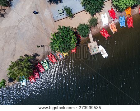Aerial Drone View Of Aydos Forest Lake With Summer Pedalo Boats In Istanbul