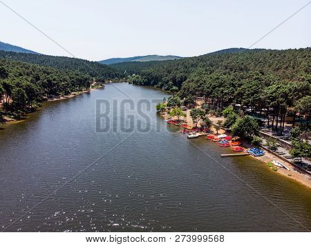Aerial Drone View Of Aydos Forest Lake In Istanbul. Natural Life.