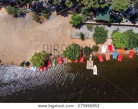 Aerial Drone View Of Aydos Forest Lake With Summer Pedalo Boats In Istanbul