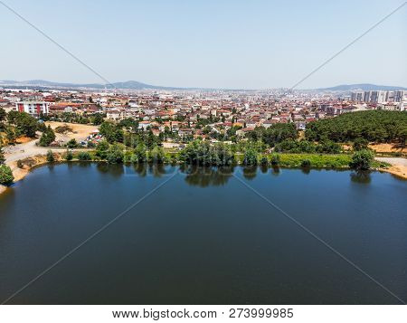 Aerial Drone View Of Aydos Forest Lake In Istanbul