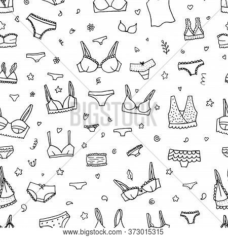 Lingerie Seamless Pattern. Vector Underwear Background Design. Outline Hand Drawn Illustration. Bras