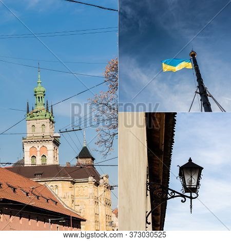 Of Korniakt Tower, Ukrainian Flag And Street Lamp Against Blue Sky