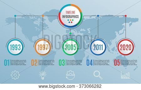 Timeline Infographics Template With World Map Background. 5 Steps, Options, Levels Or Processes. Bus