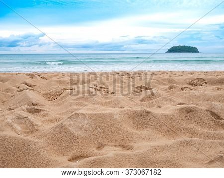 Close Up Sand Beach Groud Floor, Island On Sea With Cloudy Blue Sky Background At Day Time