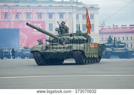 Saint Petersburg, Russia - June 20, 2020: The Main Russian Tank T-72b3 On The Rehearsal Of The Milit