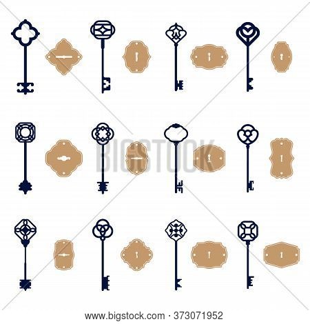 Various Vintage Keys And Keyholes Set. Sketch Of Elegant Decorative Old And Modern Keyways Isolated 