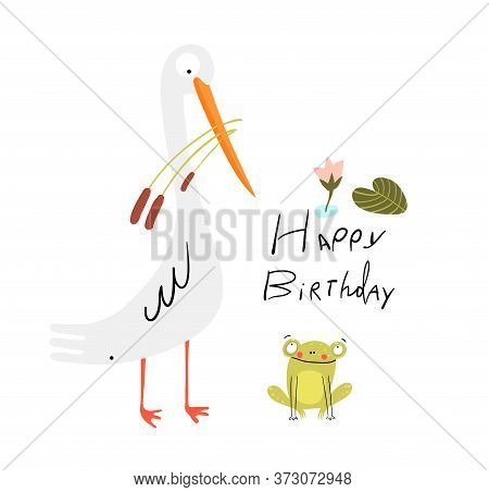 Funny Cute Birthday Card With White Swamp Bird And Baby Frog In The Lake, Cute Smiling Animals For C