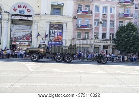 Donetsk, Donetsk People Republic, Ukraine, June 24, 2020: A Convoy Of Military Vehicles With Soviet 