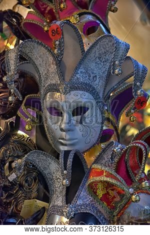 Italy, Venice 04,01,2018 Venetian Masks For Sale In The Souvenir Shop