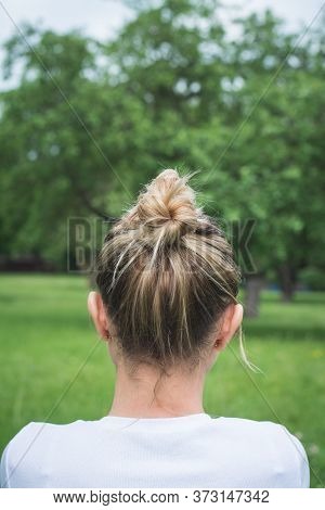 Blond Woman Head Back View Vertial Photo Outdoor