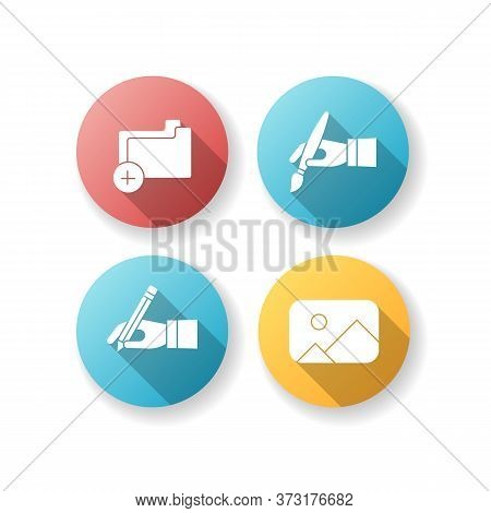 Artist Work Elements Flat Design Long Shadow Glyph Icons Set. Empty Computer Folder. Add File To Pc 