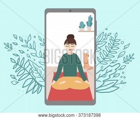 Women Sitting In Yoga Pose On Phone Display. Vector Stock Illustration Of Online Yoga. Woman Doing Y