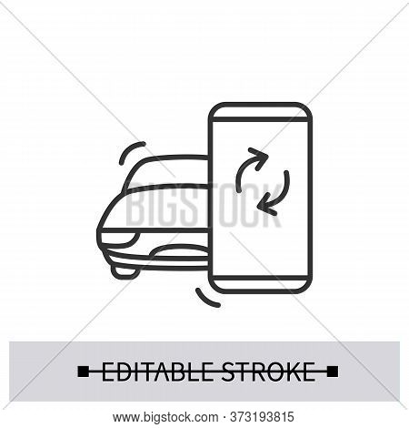 Car Control Icon. Electric Vehicle With Smartphone Integration Linear Pictogram. Concept Of Remote D