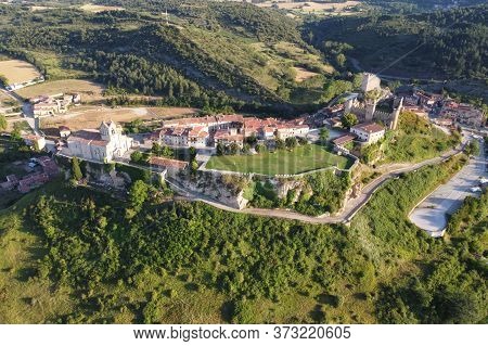 Aerial View Of The Scenic Medieval Village Of Frias In Burgos Province, Spain. Famous Touristic Dest