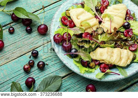Lettuce Salad With Cherries,halloumi