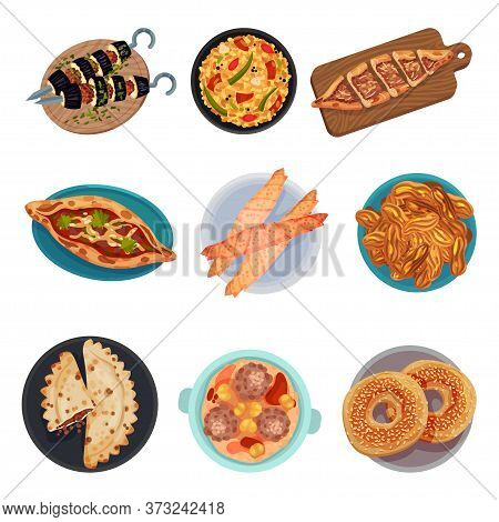 Turkish National Food With Turkish Pie Pide And Sesame Bun Top View Vector Set