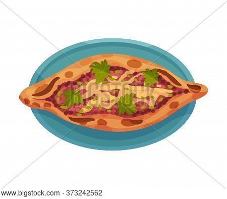 Turkish Pie Pide Rested On Plate Top View Vector Illustration