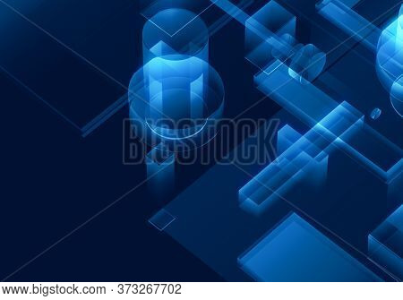 Cyber Blue Isometric Neon City Virtual Reality Background. Abstract Technology Innovation Future Dig