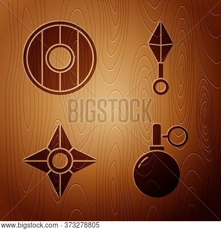Set Hand Grenade, Round Wooden Shield, Japanese Ninja Shuriken And Japanese Ninja Shuriken On Wooden