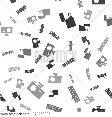 Set Lighter, Wooden Log, Flashlight And Photo Camera On Seamless Pattern. Vector