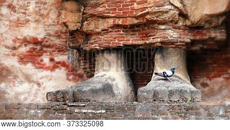 Sri Lanka travel and landmarks -  ancient city of Polonnaruwa, UNESCO World Heritage Site. huge feets of Buddha statue carved in the rock, Lankatilaka Vihara temple
