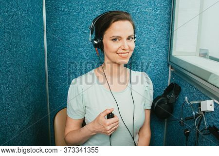 Audiometer Hearing Test. Adult Beautiful Woman Getting A Hearing Test At The Special Audio Room