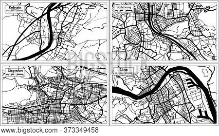 Salzburg, Klagenfurt, Linz and Kufstein Austria City Maps Set in Black and White Color in Retro Style. Outline Map.