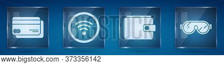 Set Credit Card, Wi-fi Wireless Internet Network, Wallet And Ski Goggles. Square Glass Panels. Vecto