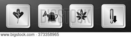 Set Leaf Or Leaves, Watering Can, Leaf Or Leaves And Meteorology Thermometer Icon. Silver Square But