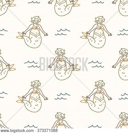Seamless Background Mermaid And Wave Gender Neutral Baby Pattern. Simple Whimsical Minimal Earthy Co