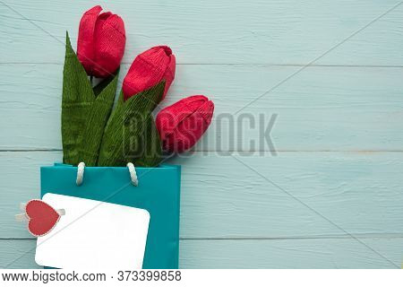 Handmade Paper Craft Tulips On Wooden Background. Copy Space For The Text