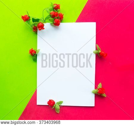 Greeting Mockup Blank Decorative With Flowers On Red And Green Background. Women's Day Or Mother's D
