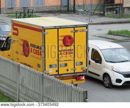Turin, Italy - Circa June 2020: Esselunga Lorry Delivering Groceries At Home During Covid-19 Lockdow